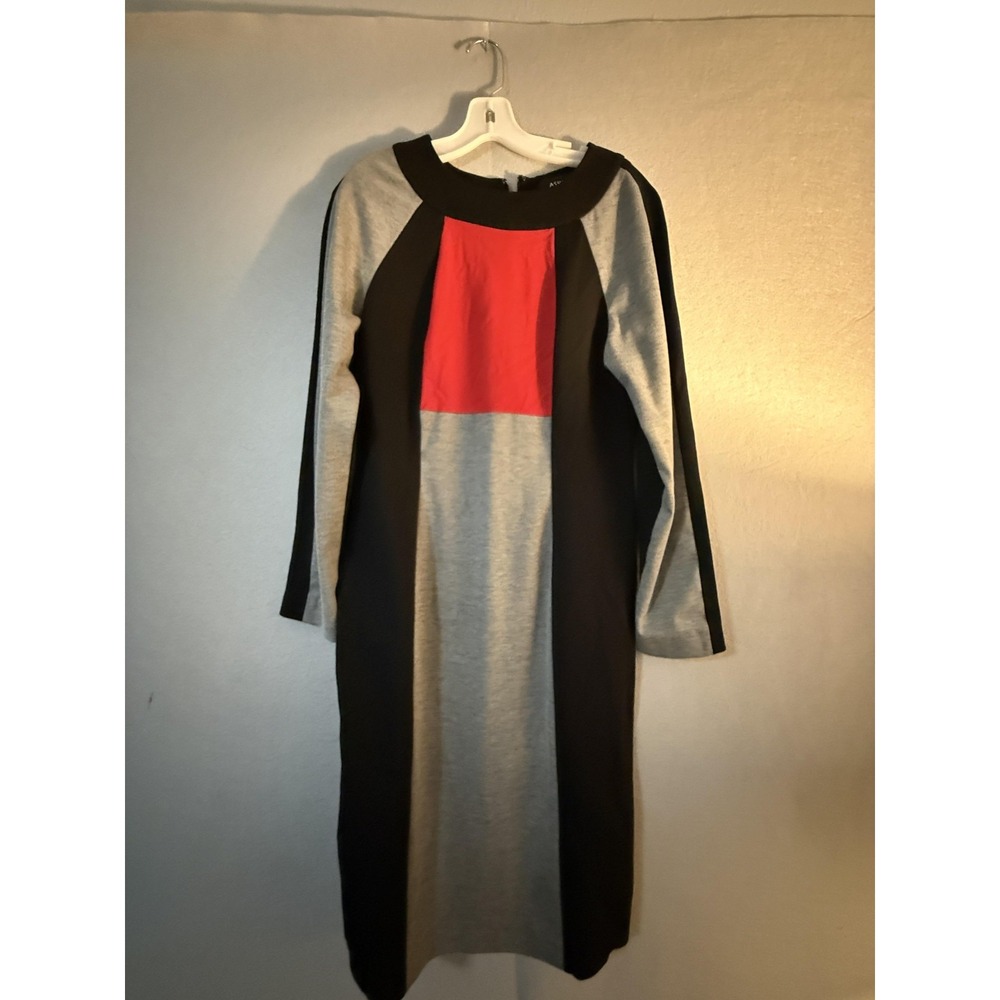 Ashro Dress Womens 12 Black Colorblock Knit Sheath Midi‎ Long Sleeve Boat Neck
